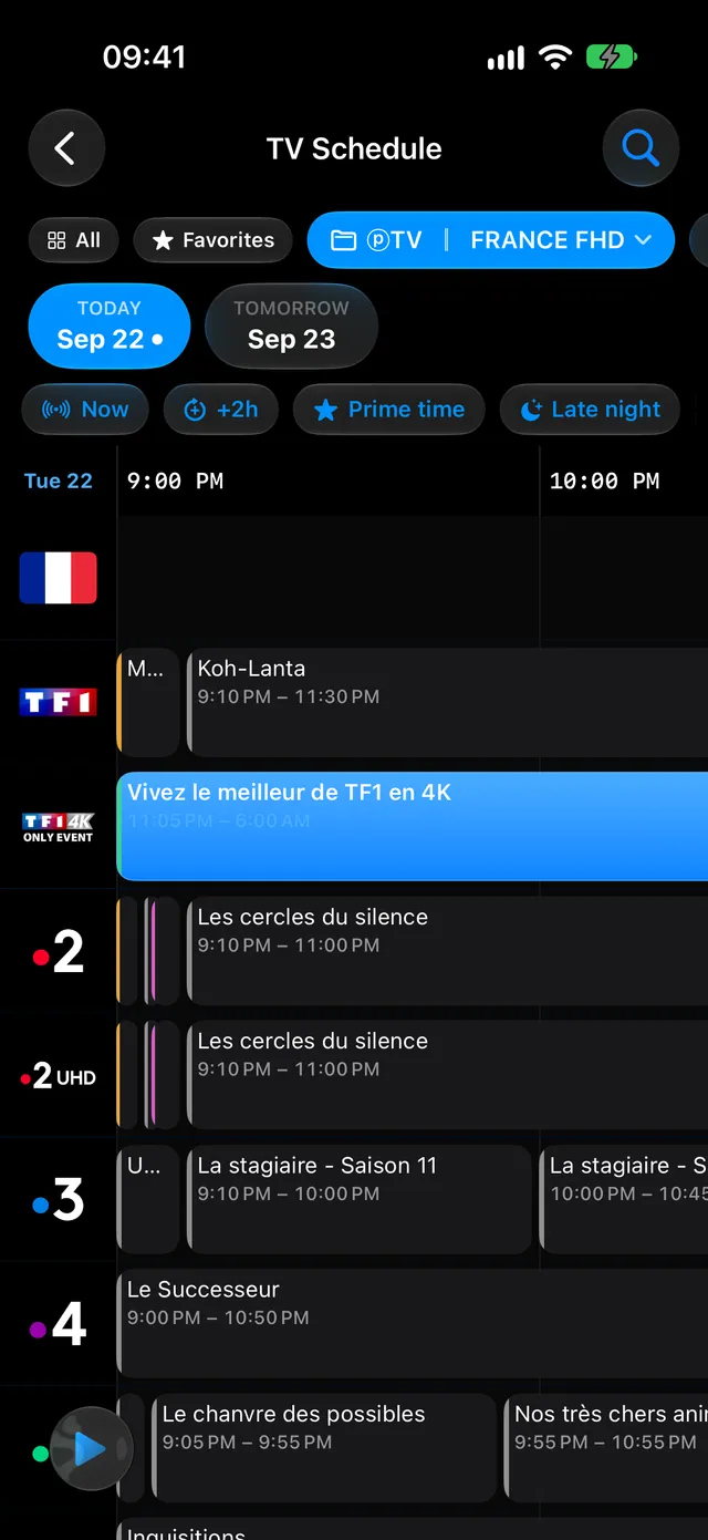 iPhone — The guide, in portrait. Scroll through the evening with a finger.