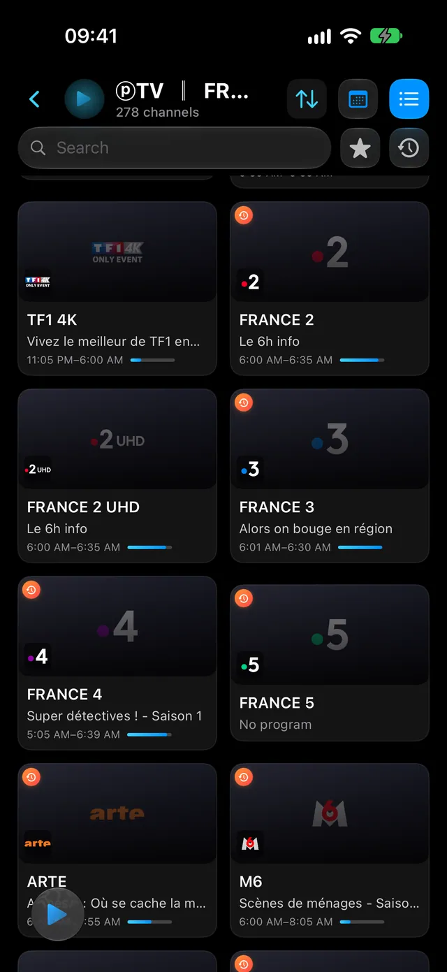 iPhone — Live TV as a grid. Logos, what’s on now and progress.