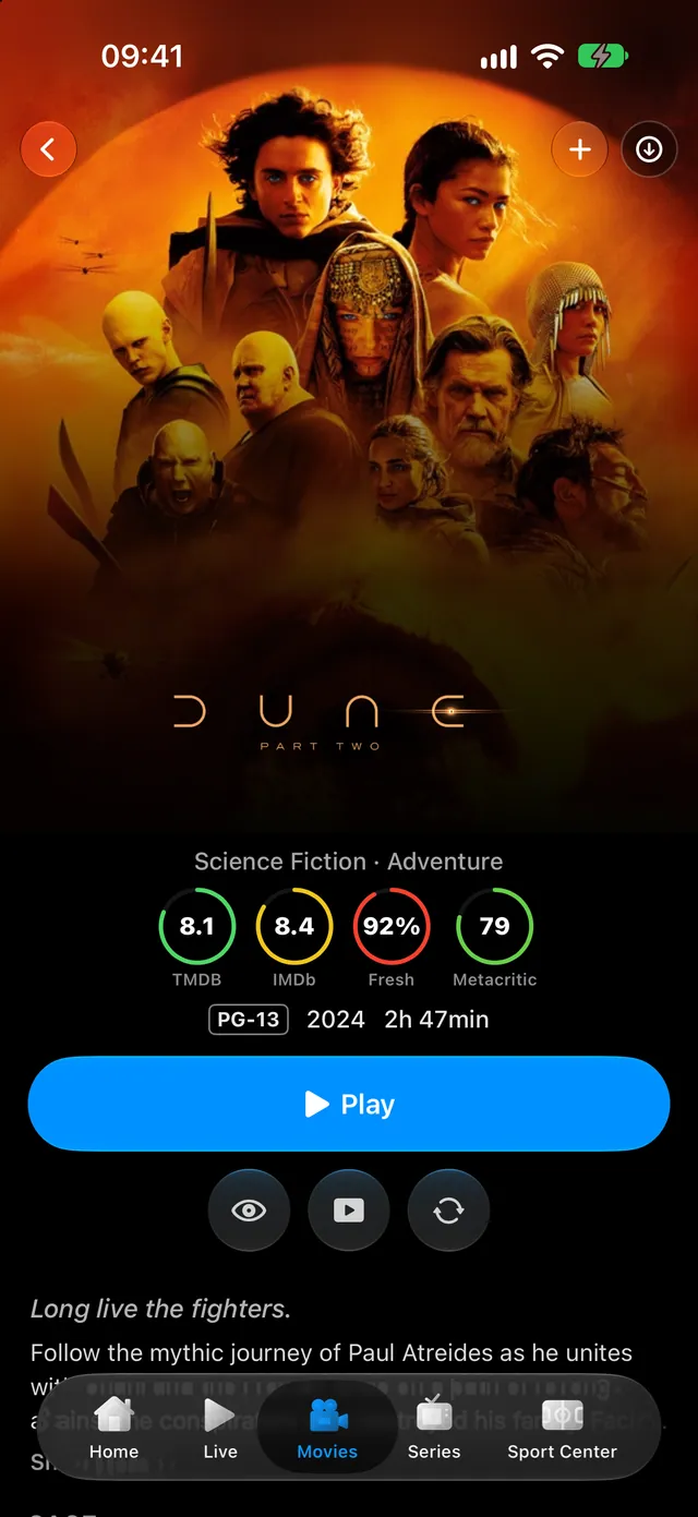 iPhone — A complete movie page. Ratings, runtime, genres and one-tap play.