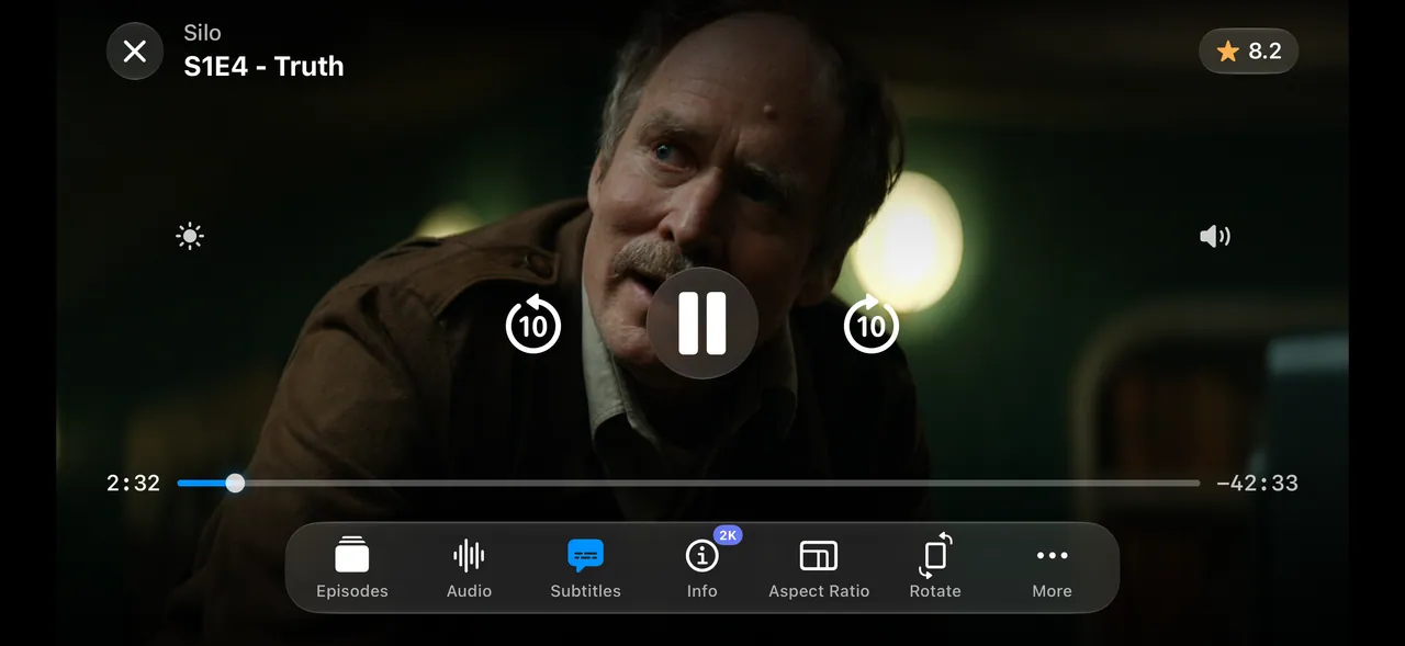 iPhone — The player, in landscape. Audio, subtitles, aspect ratio and AirPlay.