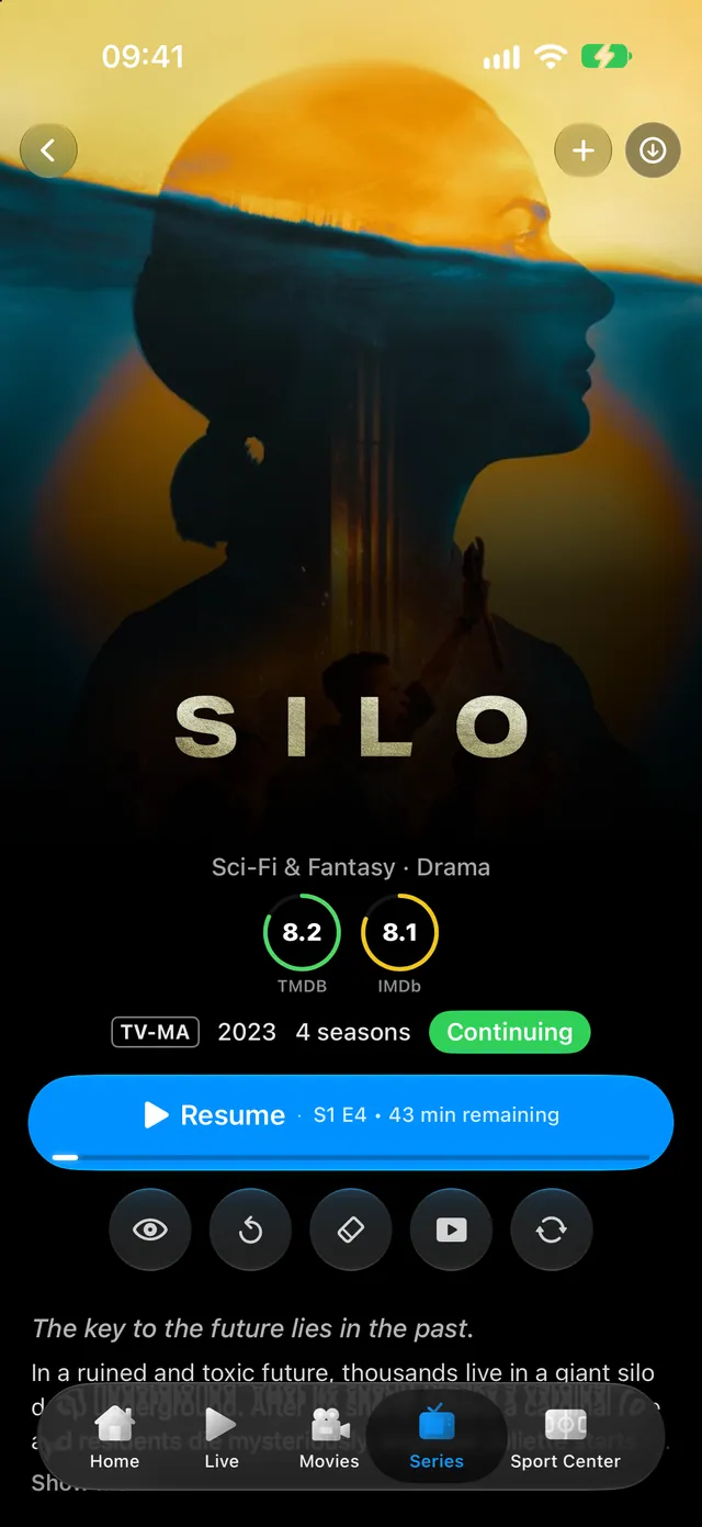 iPhone — Every series has its page. Seasons, ratings and resume the current episode.