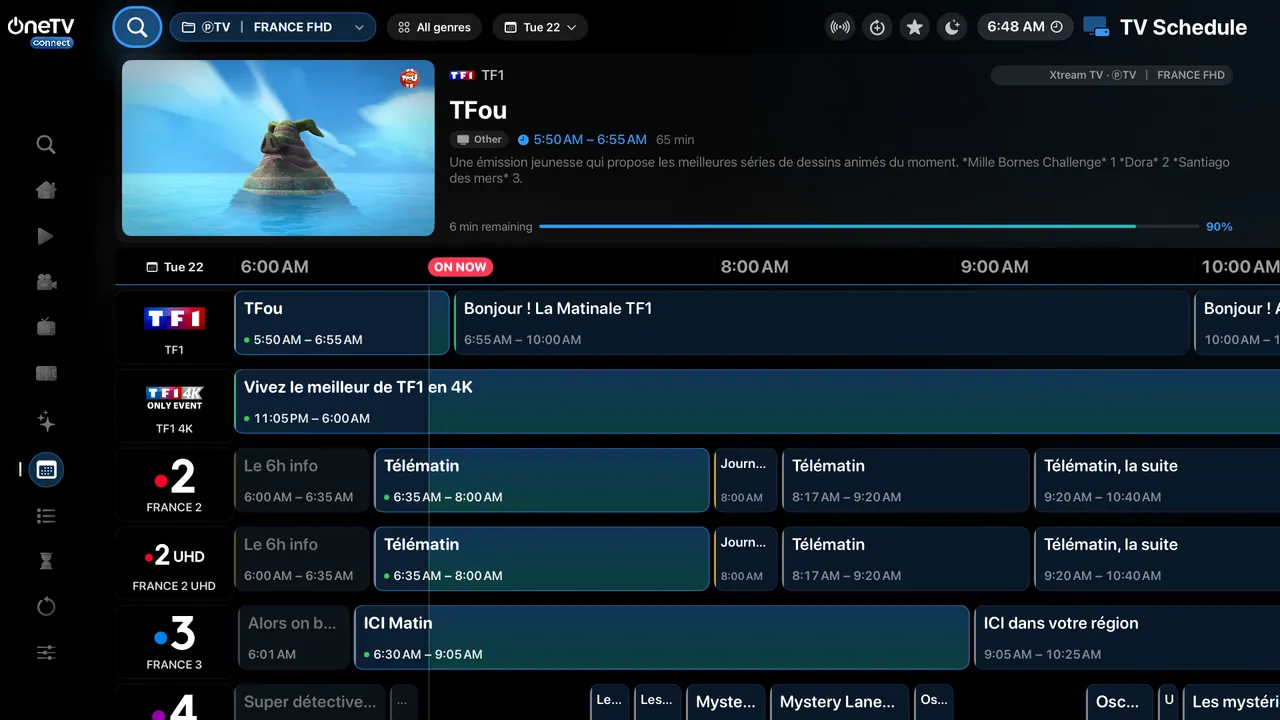Apple TV — The TV guide. The whole day at a glance, with a preview of the channel.