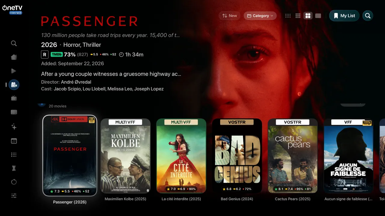Apple TV — Recently added. Posters, ratings and 4K, HDR or Dolby Vision badges.
