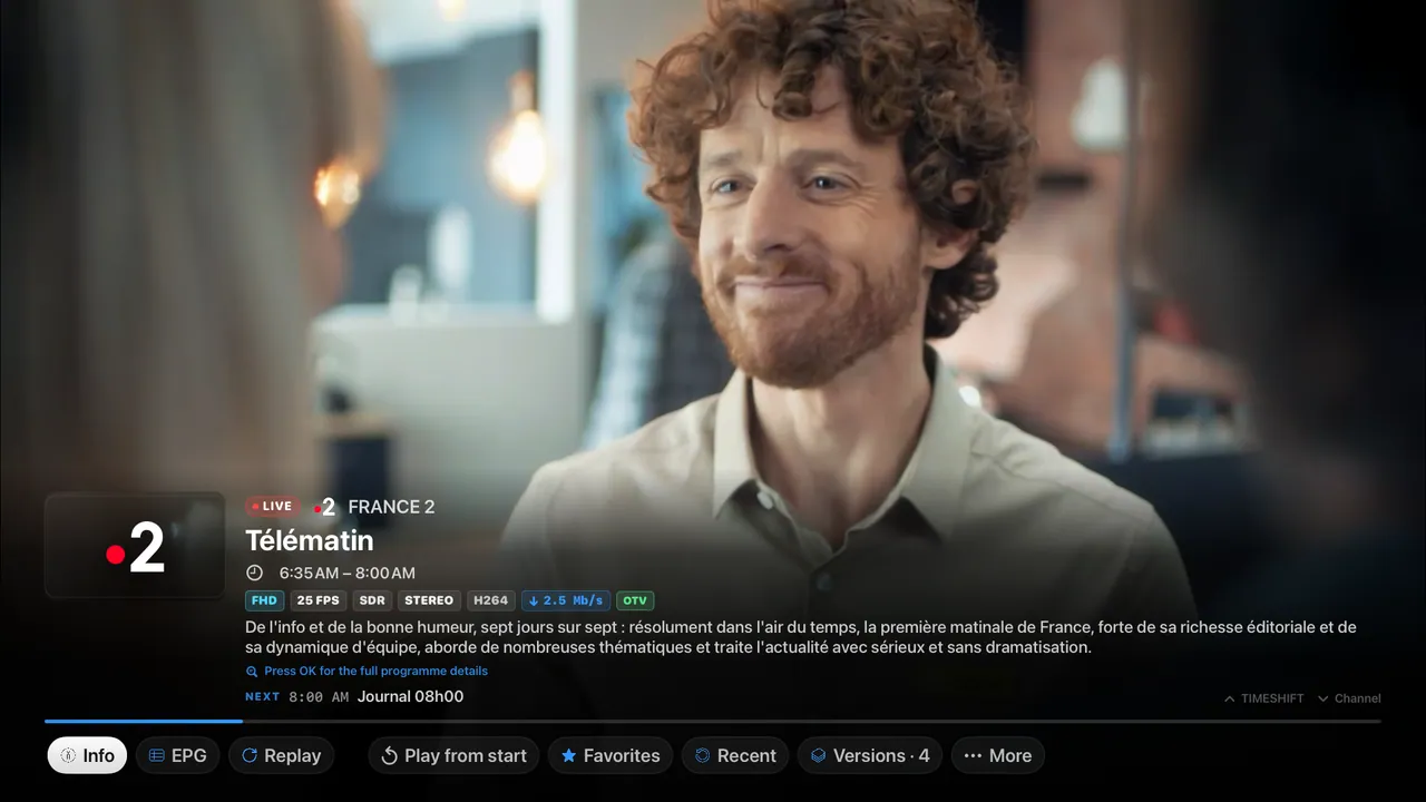Apple TV — Live TV, under control. Play from start, replay, channel versions and stream details.