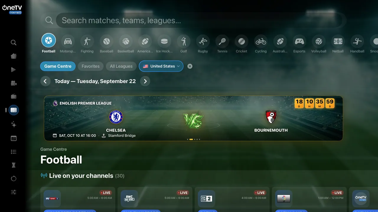 Apple TV — Sport Centre. Fixtures, live scores and the channels showing them.