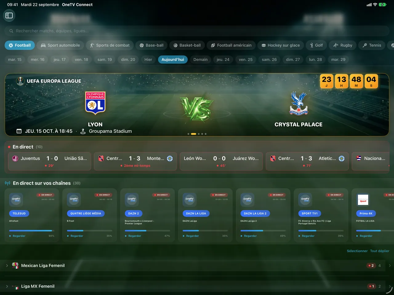 iPad — Le sport en direct. Les matchs du jour et les chaînes qui les diffusent.