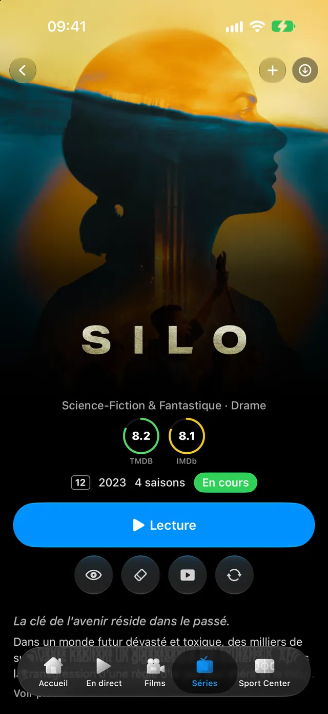 iPhone — Chaque série a sa page. Saisons, notes et reprise de l’épisode en cours.