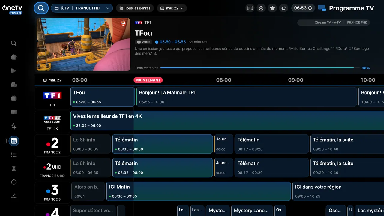 Apple TV — Le guide des programmes. Toute la journée d’un coup d’œil, avec l’aperçu de la chaîne.