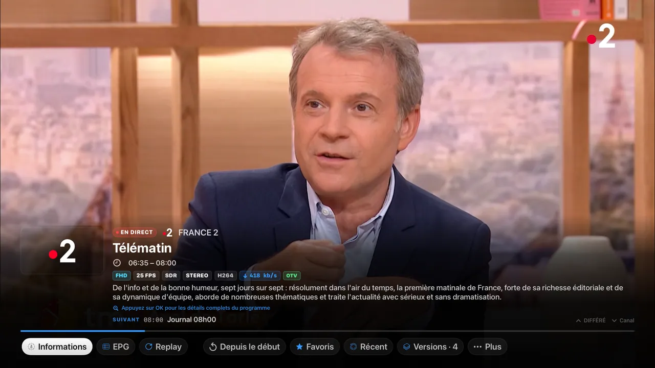 Apple TV — Le direct, sous contrôle. Depuis le début, replay, versions de la chaîne et infos du flux.