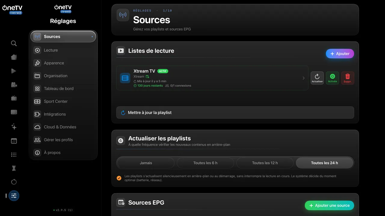 Apple TV — Des réglages lisibles. Sources, lecture, apparence : tout est rangé.