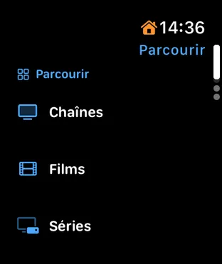 Apple Watch — The whole catalogue. Channels, movies and series by category, with posters, seasons and episodes.
