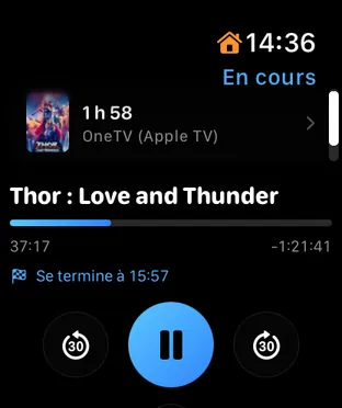 Apple Watch: a film playing on the Apple TV, with pause and 30-second skips